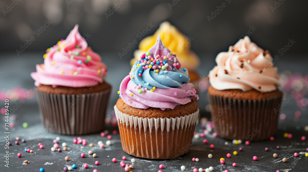 Colorful cupcakes topped with vibrant frosting.
