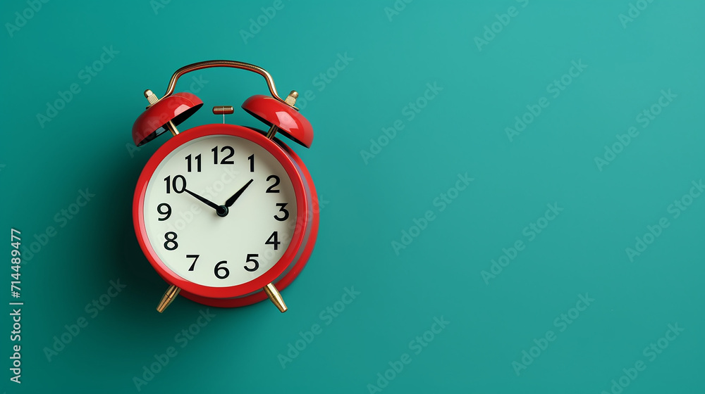 top view flat lay red alarm clock on green background top view flat lay red alarm clock on green background