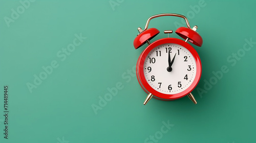 top view flat lay red alarm clock on green background photo