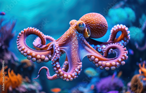 a octopus squid with tentacles swimming in a deep beautiful blue ocean reef at an island with fishes