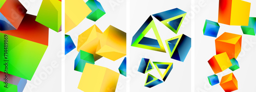 Flying 3d shapes, cubes and other geometric elements background design for wallpaper, business card, cover, poster, banner, brochure, header, website