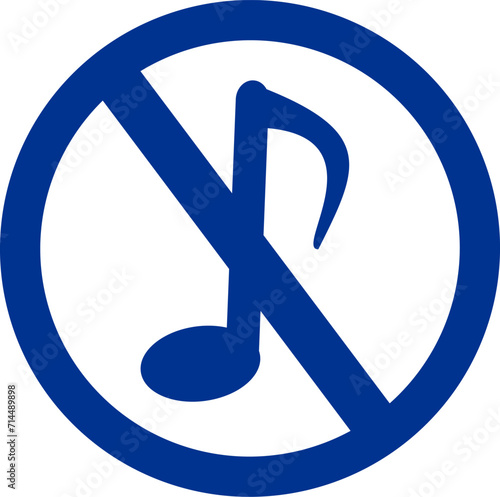 No music sound. Red circular forbidden vector illustration with music note icon inside. Prohibition of sounding musical notes. No loud sound symbol. Interchangeable vector design.