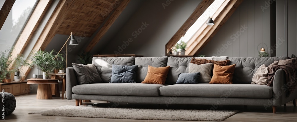 Grey attic living room interior with sofa Grey attic living room interior with sofa