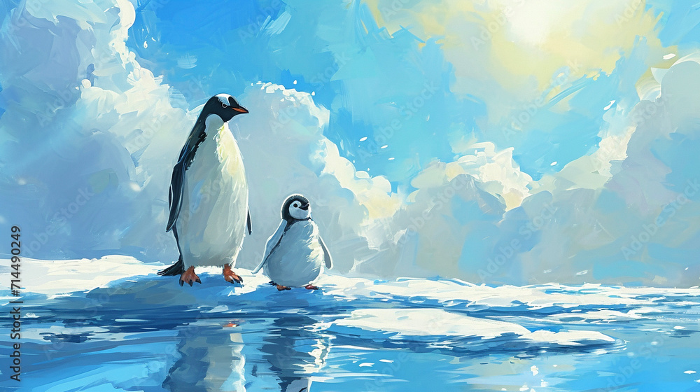 氷上のかわいいペンギン親子のイラスト　Generative AI - obrazy, fototapety, plakaty 