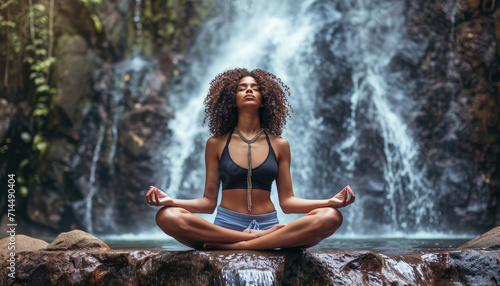 woman meditating in lotus pose by a waterfall