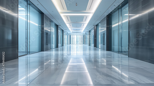 Modern corridor with reflective marble flooring.