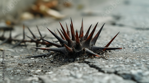 Spiky plant growing through cracked pavement.