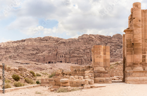 Preserved stone columns at the entrance to the Roman part in Nabatean Kingdom of Petra in Wadi Musa city in Jordan