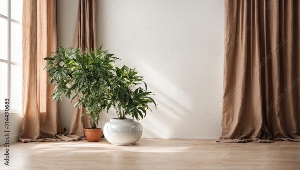 Plant up against a mockup of a white wall. White wall mockup with wood floor, brown curtain, and plant