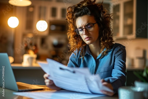 A woman looks despondently at her tax paperwork photo