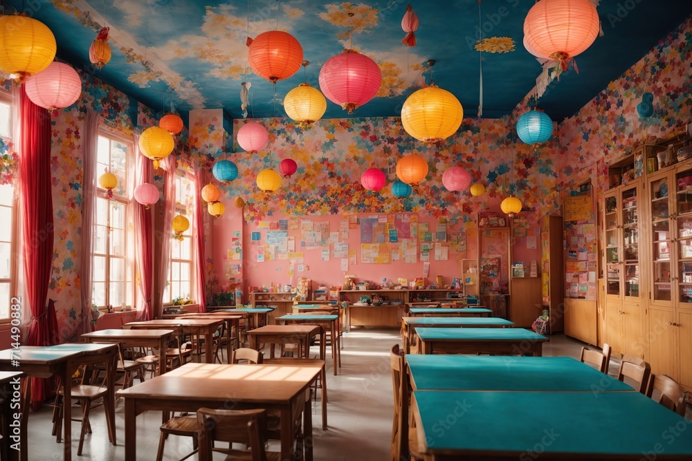 vibrant and colorful school room with whimsical decorations, featuring hand-painted murals and paper lanterns hanging from the ceiling