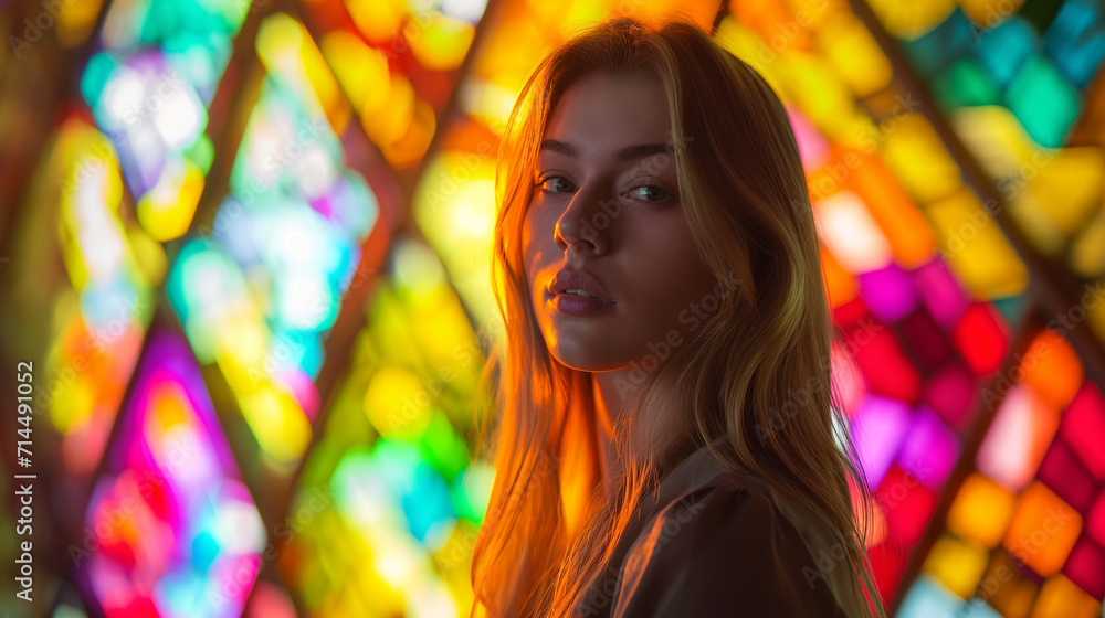 Fototapeta premium a young woman standing in front of stained glass, in the style of glowing colours. bold portrait, lightningwave, golden glow ignites. Off-center, captivating 