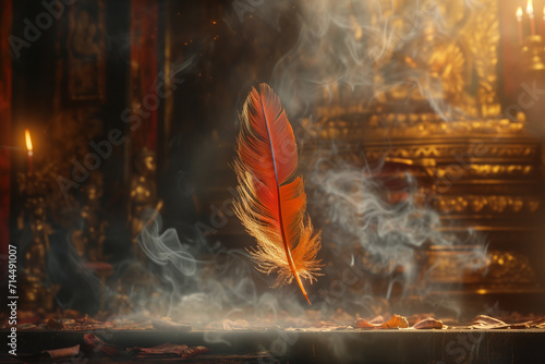 Iridescent phoenix feather, ablaze with rebirth, dances in sacred smoke. Ancient temple whispers legends, golden glow ignites hope. Off-center, ethereal, blurred edges. Chinese New Year concept photo