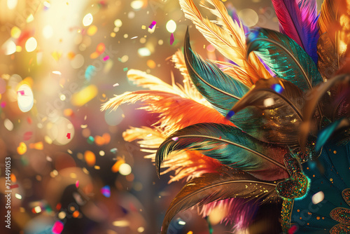A close-up of a flamboyant dancer's headdress, adorned with iridescent feathers in shades of emerald, crimson, and gold. Carnival,  photo