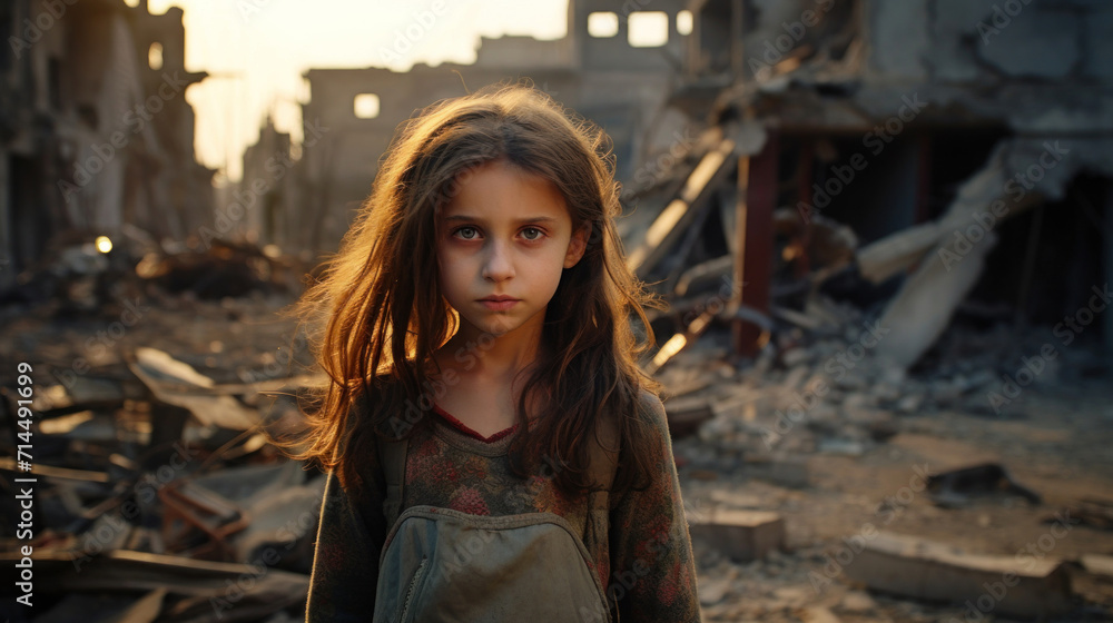 Portrait of a little girl against the backdrop of a bombed city Portrait of a little girl against the backdrop of a bombed city