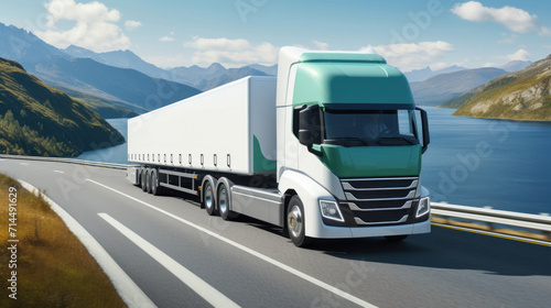 A modern semi truck driving along a highway with scenic mountain and lake views in the background. © red_orange_stock