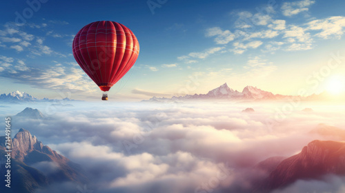 Serene sunrise with a hot air balloon floating over misty mountain peaks and clouds.