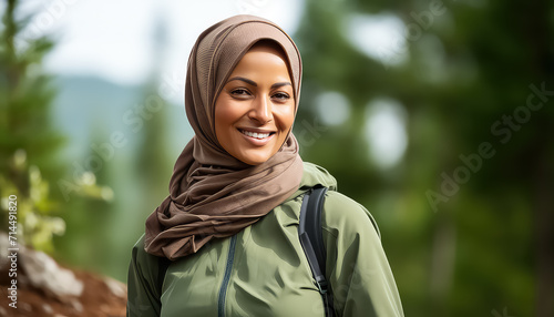 Muslim woman walking near trees in the park