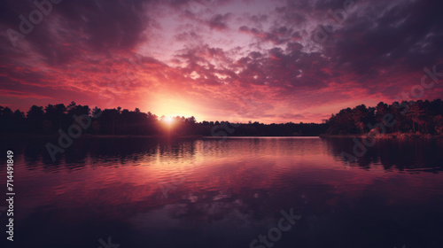 Sunset casting a warm glow over a serene lake surrounded by a dense forest under a dramatic sky.