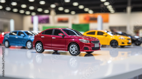 Red model car in focus among various colored cars in a showroom, representing the automotive market.