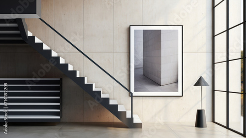 A sleek, contemporary interior featuring a modern staircase with contrasting black and white design elements.