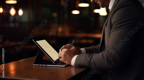 close-up view of man using blank screen tablet while working in dark modern workplace