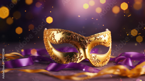 An ornate golden Venetian mask adorned with intricate designs, set against a backdrop of festive lights.