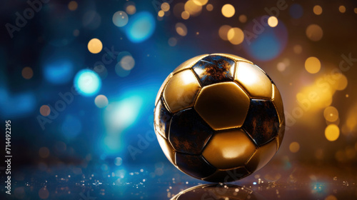 A golden soccer ball illuminated by bokeh light effects on a dazzling blue backdrop, symbolizing excitement and energy.
