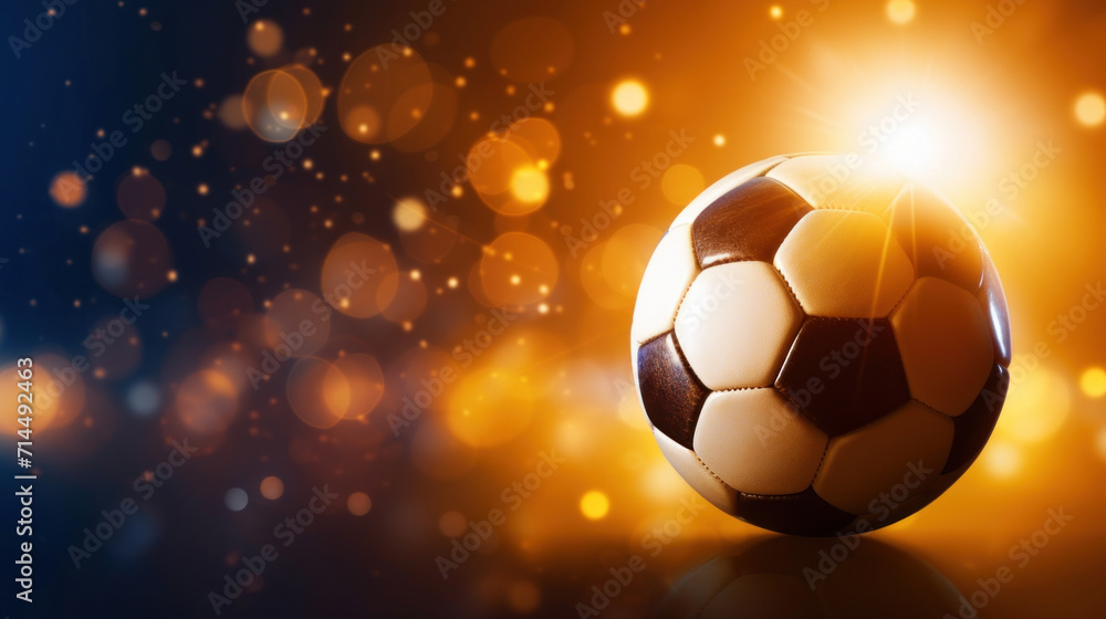 Naklejka premium A classic black and white soccer ball under a spotlight with golden bokeh lights, symbolizing sports celebration and excitement.