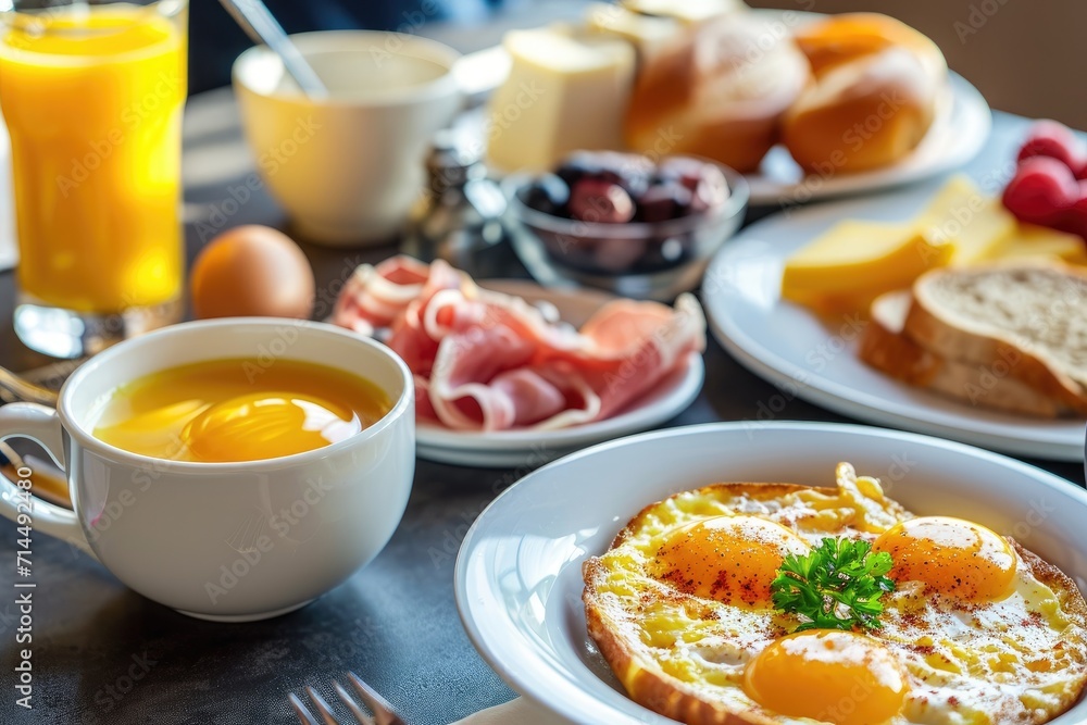 Breakfast served with coffee, orange juice, scrambled eggs, cereals, ham and cheese. Breakfast served with coffee, orange juice, scrambled eggs, cereals, ham and cheese.
