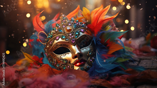 An ornate Venetian mask adorned with vibrant feathers and jewels, capturing the spirit of carnival and masquerade.