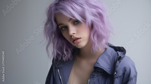 Portrait of a young woman with lavender hair and an intense gaze, exuding a modern and bold aesthetic.