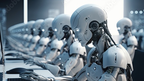 Group of white robot humanoids working in the office or factory background.
