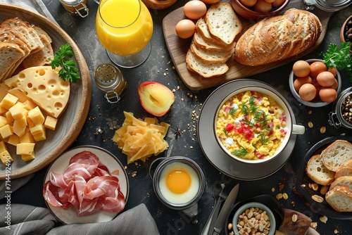 Breakfast served with coffee, orange juice, scrambled eggs, cereals, ham and cheese.