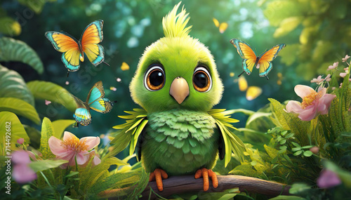  The image is a realistic representation of the baby parrot, with precise details in its feathers and eyes. 