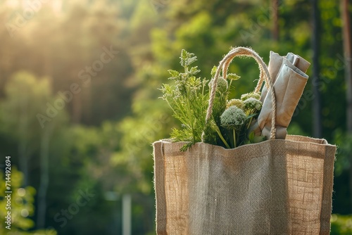 Eco friendly bag design, made of sustainable natural fibers like cotton, jute, or hemp. Reusable shopping tote promotes a green lifestyle and zero waste living. photo