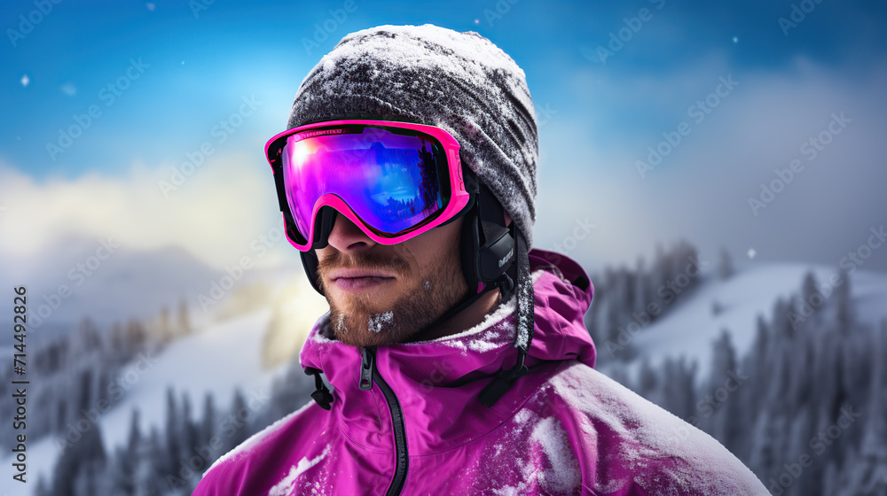 A man in winter gear and vibrant ski goggles stands against the backdrop of a snowy mountain landscape A man in winter gear and vibrant ski goggles stands against the backdrop of a snowy mountain landscape