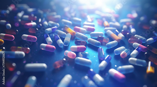 A myriad of glowing capsules and pills spread across a blue background with a cosmic, luminescent effect, representing pharmaceutical innovation.