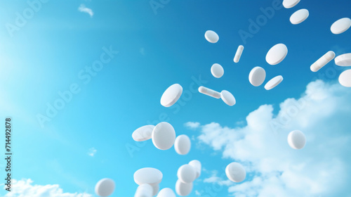 White pills captured in mid-air fall against a clear blue sky background, conceptualizing health freedom.