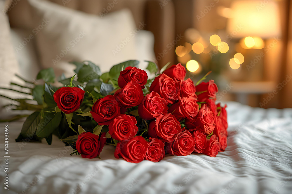 Fototapeta premium Romantic Elegance: Bouquet of Red Roses Adorns a Bed in a Well-Decorated Room