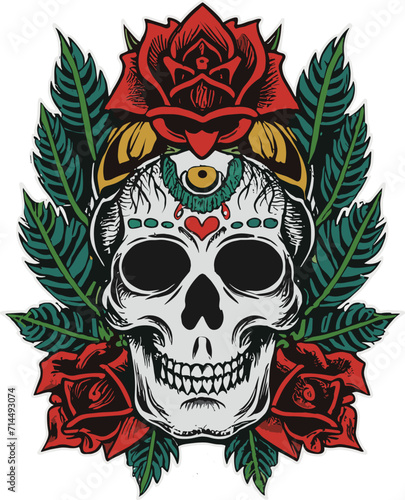 watercolor human skull with flowers red rose gothic illustration