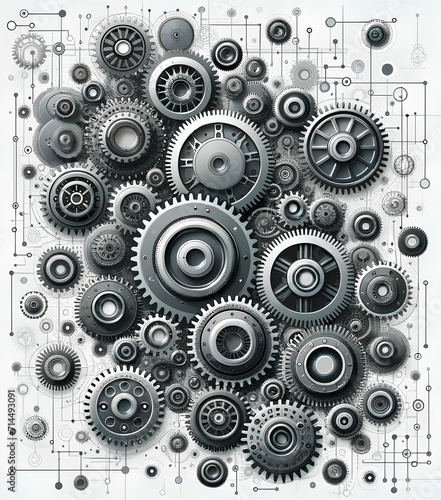 Abstract Gears and Floral Circles on a Black Background with Seamless Design Elements in Vector - Mechanical Technology and Artistic Decoration Concept