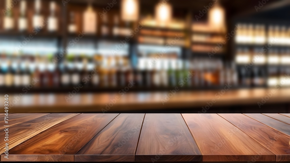 Wooden desk of blurred bar background. and free space for decoration.