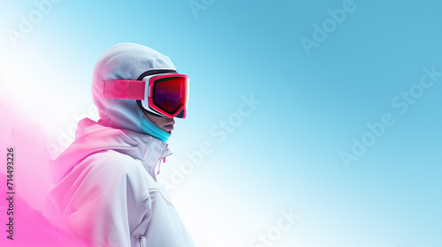 person in winter gear and vibrant ski goggles stands against the backdrop of a snowy mountain landscape © iwaart
