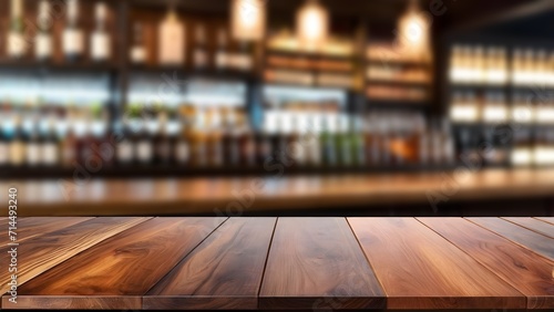 Wooden desk of blurred bar background. and free space for decoration. photo