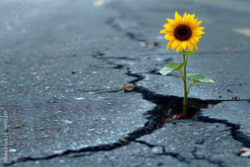 single sunflower bursts through a cracked asphalt road, bathed in golden sunlight – capturing the resilience of hope and growth amid adversity