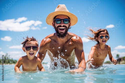 Happy father with swimming children in the sea © ЮРИЙ ПОЗДНИКОВ