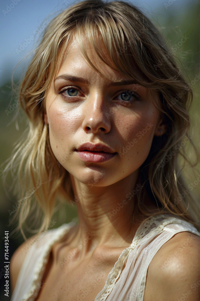 Close Up Portrait of a Stressed Country Woman Out on a Sunny Day Generative AI Close Up Portrait of a Stressed Country Woman Out on a Sunny Day Generative AI