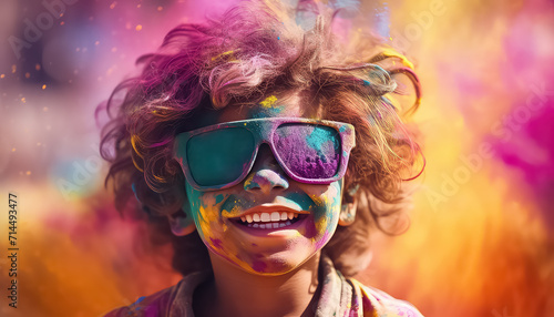 Happy kid in glasses and paint dust at festival , happy holi indian concept © terra.incognita