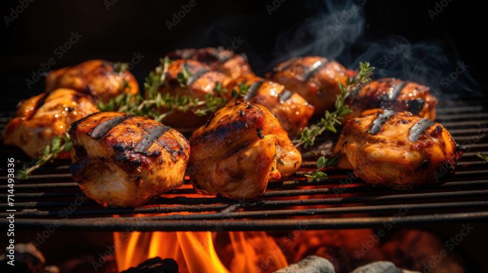 Succulent grilled chicken drumsticks cooking over open barbecue flames, with aromatic herbs enhancing the flavor.